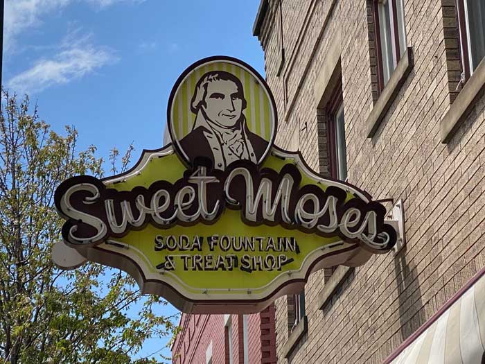 Neon sign for the Sweet Moses Soda Fountain & Treat Shop in Cleveland