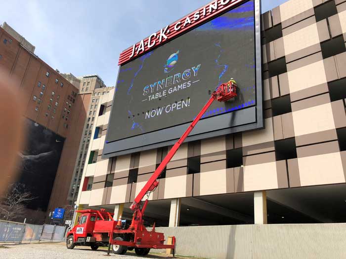 Maintenance of outdoor LED boards at the JACK Casino in Cleveland, Ohio